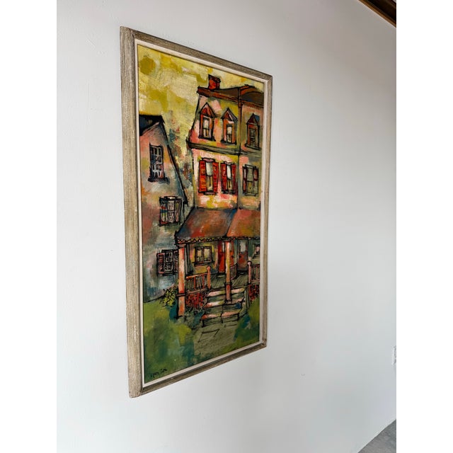 This exquisite vintage Impressionist oil painting from the 1960s captures a vibrant depiction of classic row houses,...