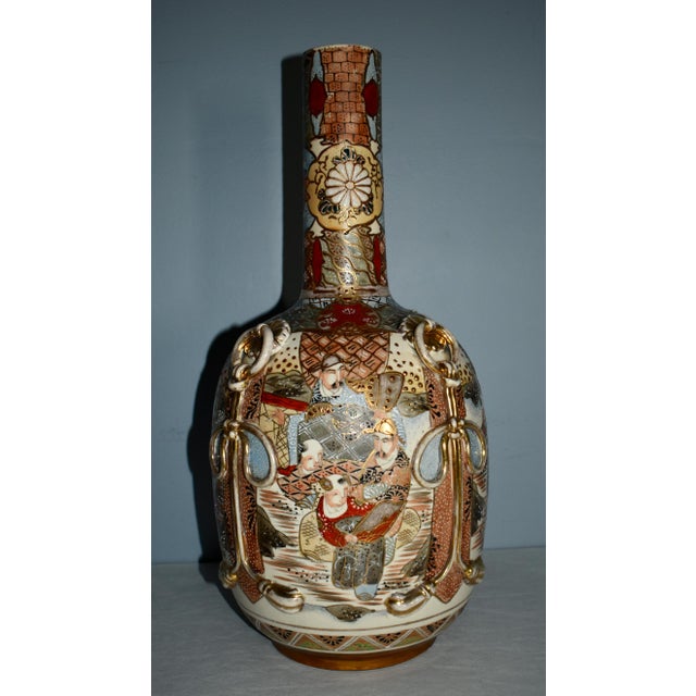 Antique Japanese Satsuma Bottle Vase With Molded Ribbons For Sale - Image 4 of 11