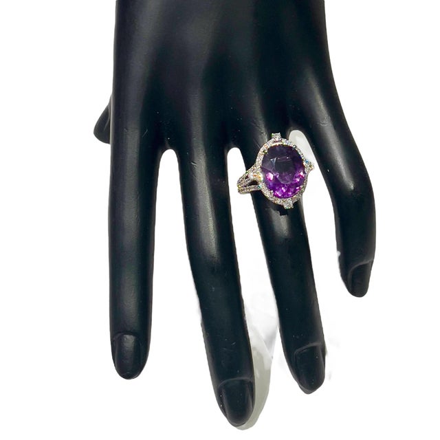 2010s Natural Amethyst Diamond Ring Size 6.5, 14k Gold 8.83 TCW Certified For Sale - Image 5 of 11