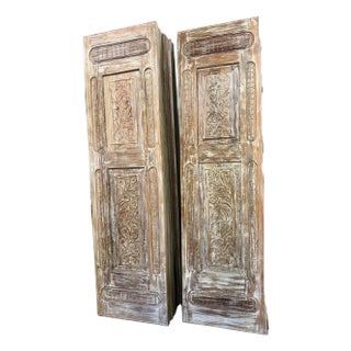 Antique Hand-Carved Wooden Door Panel – Distressed Whitewash Floral Barn Door 96x27 For Sale