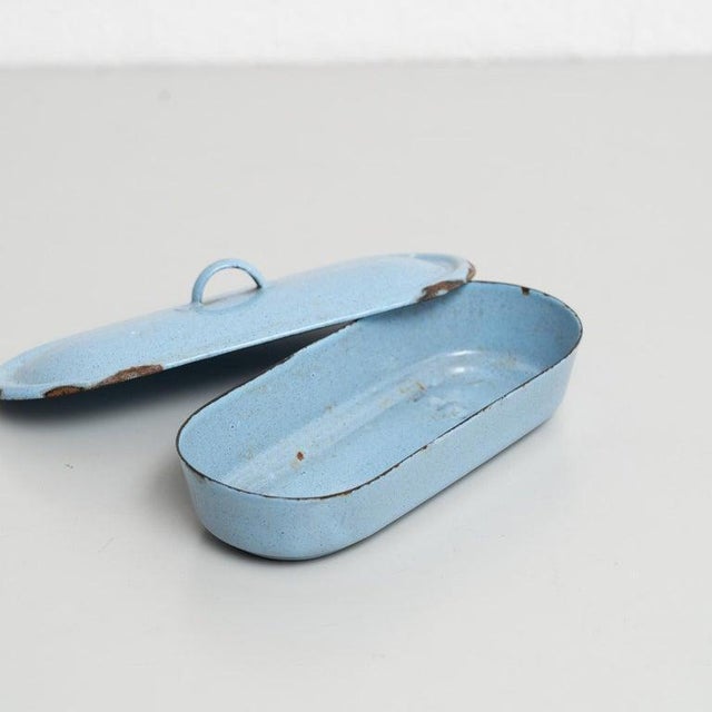 Metal Vintage French Blue Lacquered Metal Tray with Lid, 1940 For Sale - Image 7 of 12