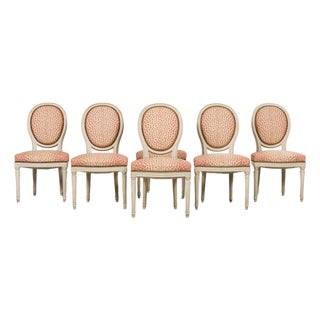 Antique French Louis XVI Style Painted Dining Chairs W/ Leopard Jacquard - Set of 6 For Sale