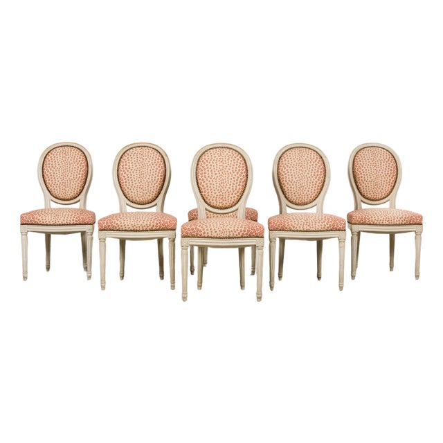 Antique French Louis XVI Style Painted Dining Chairs W/ Leopard Jacquard - Set of 6 For Sale