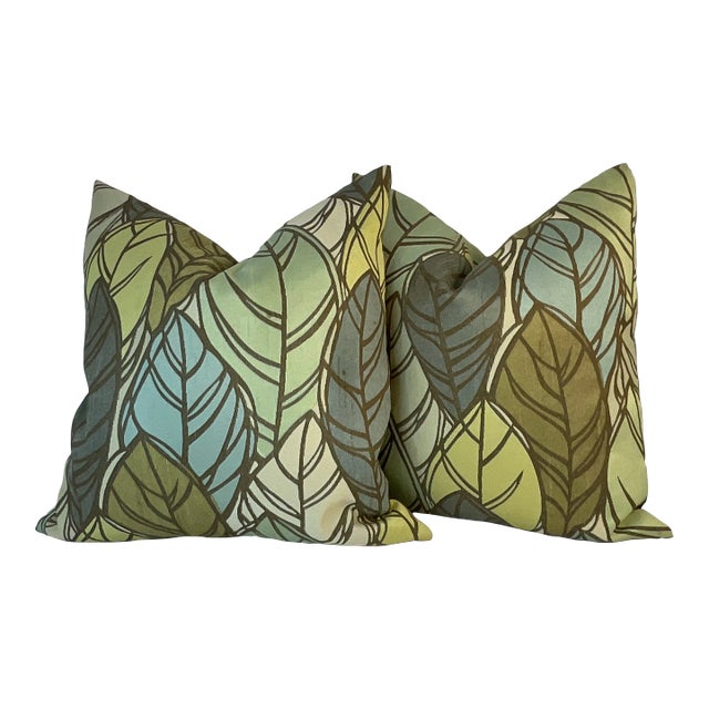 Vintage Coastal Chic Silk-Rayon Tobacco Leaf Feather Down Filled Pillows - A Pair For Sale