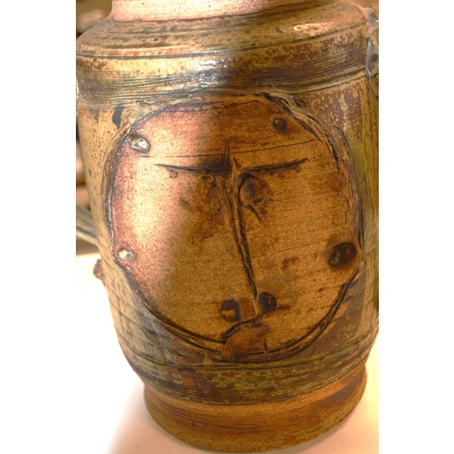 Studio Art Pottery Large Brown/Tan Cannister Container With Carved Face / Handles & Lid For Sale - Image 4 of 14