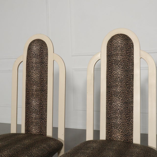 Post Modern side chairs with art deco influences. Leopard upholstery. Beautiful lines. Nice vintage condition with some...