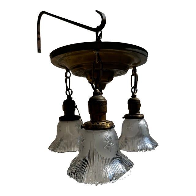 Vintage Brass Flushmount 3 Light Fixture With Vintage Starcut Shades For Sale