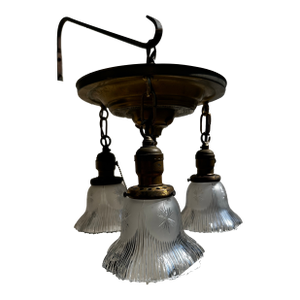 Vintage Brass Flushmount 3 Light Fixture With Vintage Starcut Shades
