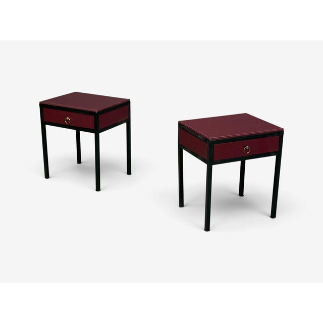 Jean-Michel Frank Style, Nightstands, Burgundy Leather, Iron For Sale - Image 4 of 12