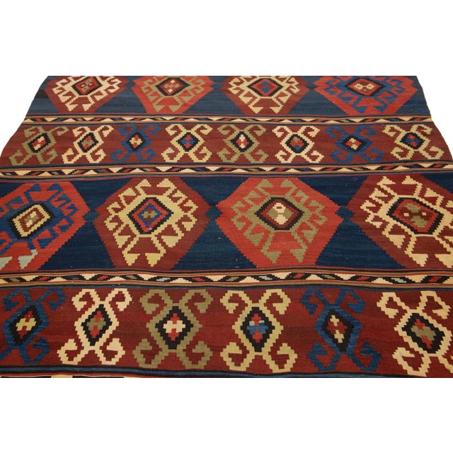 Red Handmade Vintage Turkish Kilim Wool Rug Allover Geometric in Blue and Red For Sale - Image 8 of 9