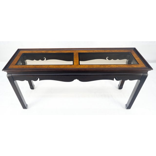 Wood Asian Style Burlwood Top Black Lacquer Tinted Glass Rectangle Sofa Console Table For Sale - Image 7 of 10