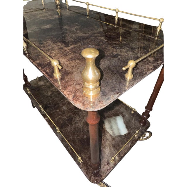 Modern Italian Mid-Century Two-Tier Bar Cart in Goatskin Parchment & Brass, Circa 1960s For Sale - Image 3 of 3