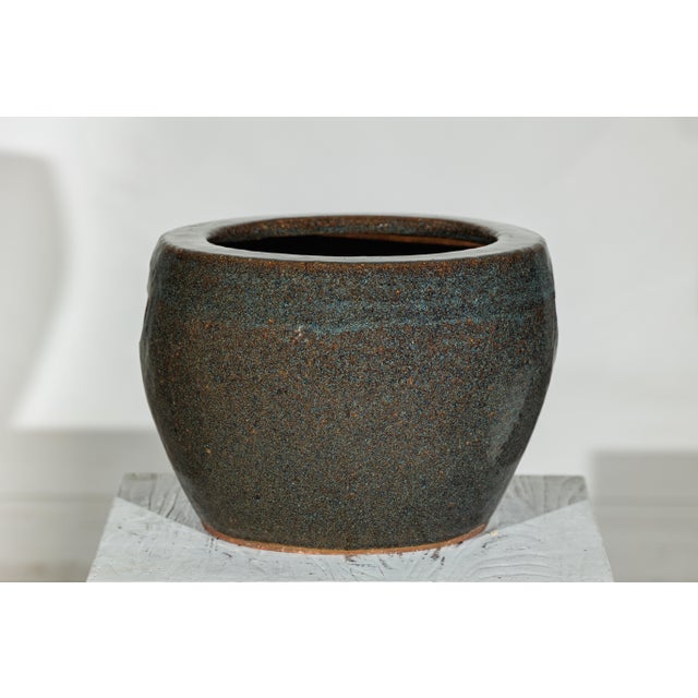 Ceramic Vintage Chinese Brown and Blue Speckled Planter with Wide Opening For Sale - Image 7 of 18