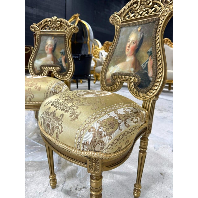2000 - 2009 French Rococo Gold Accent Chair With Lady Portrait Set of 2 For Sale - Image 5 of 9