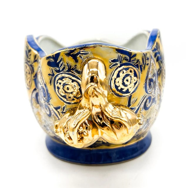 Yellow Vintage Italian Majolica Centerpiece Bowl – Hand-Painted Blue, Yellow & Gilt With Pomegranate Handles – Baroque / Mediterranean Revival For Sale - Image 8 of 12