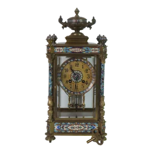 Antique French Japy Freres Brass Champleve Enameled Cloisonne Mantel Clock