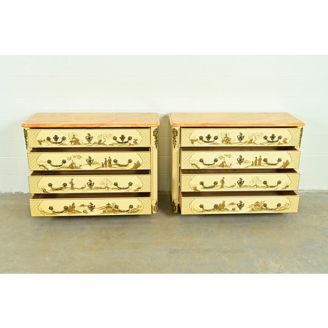 1960s Baker Furniture Style French Regency Louis XVI Chinoiserie Cream Lacquered Dresser Chests, Pair For Sale - Image 5 of 11