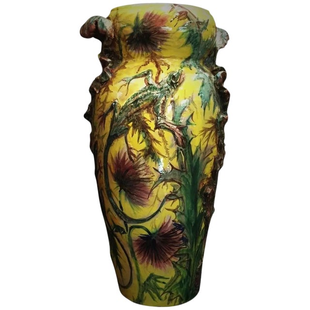 French Art Nouveau Majolica Vase With Thistles and Lizards, Circa 1900 For Sale