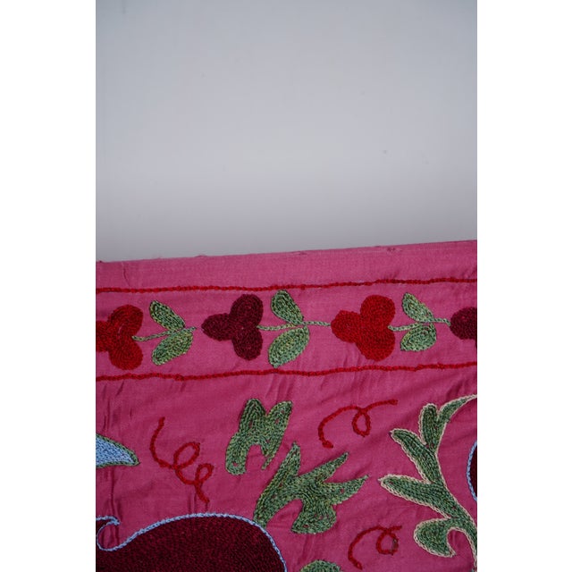 Pink Uzbek Suzani Wall Hanging – Pomegranate Tree & Animal Motif Embroidery 3'5'' X 6' For Sale In New York - Image 6 of 9