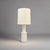 A single Modernist glass table lamp designed by Gert Nystrom for Hyllinge Glassworks. White cased glass with nickel fittings.