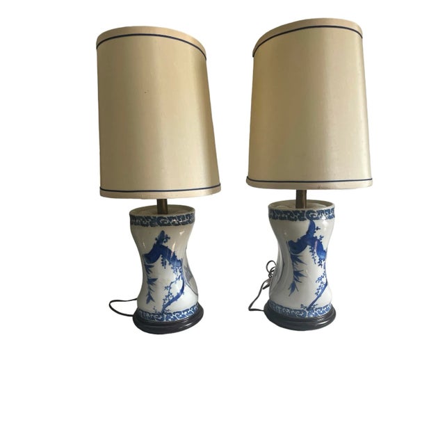 Chinese Antique Blue and White Lamp Set With Original Shades - A Pair For Sale - Image 3 of 6
