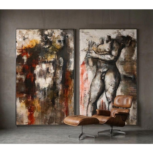 1960s Pair of Abstract Figurative Nude, 1960, Oil on Canvas For Sale - Image 5 of 10