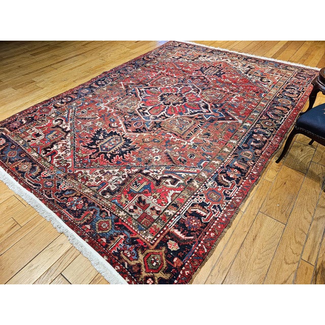 Textile Vintage Persian Heriz Rug, Hand-Knotted Wool, Geometric Medallion Pattern, Red & Navy, 9x12 For Sale - Image 7 of 18