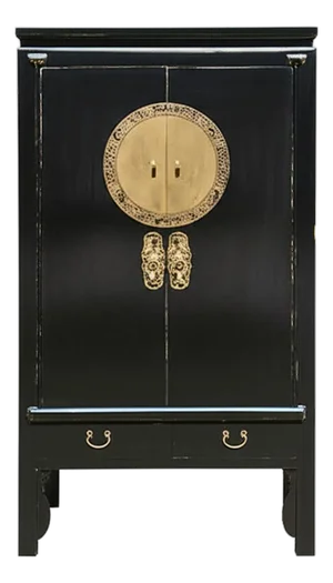Chinese Oriental Black Moon Face Tall Wedding Armoire Cabinet