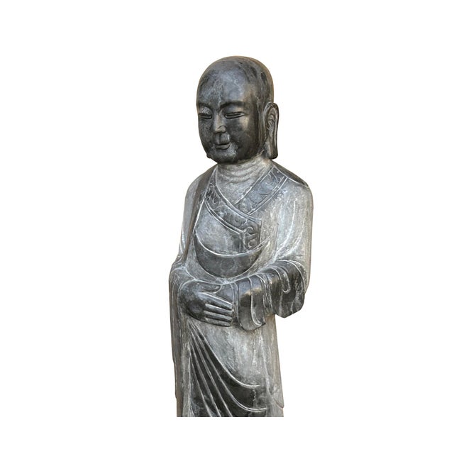 Chinese Weathered Black Gray Patina Stone Standing Monk Luohan Arhat Statue For Sale - Image 9 of 12
