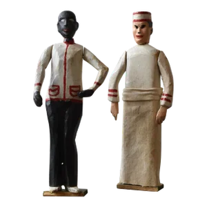 Antique Folk Art Carved Black + White Occupational Figures, a Pair, Circa 1940s