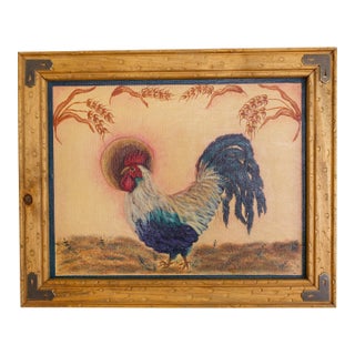 Folk Art Figurative Rooster and Wheat Stalk Painting in Frame, Artist Unknown For Sale