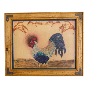 Folk Art Figurative Rooster and Wheat Stalk Painting in Frame, Artist Unknown