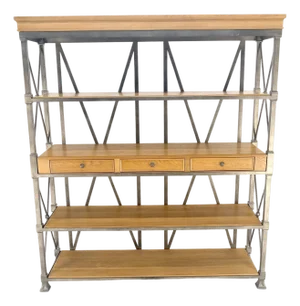 Large Drexel Oak Shelves 5' Wide Iron Etagere Bakers Rack 3 Drawer Console