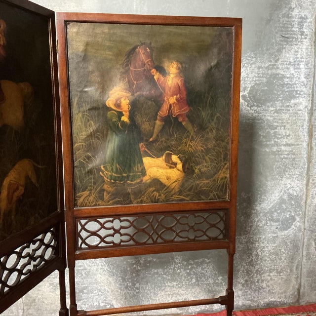 Edwardian Mahogany Screen Set with Hunting Oil Paintings, 1905 For Sale - Image 3 of 8