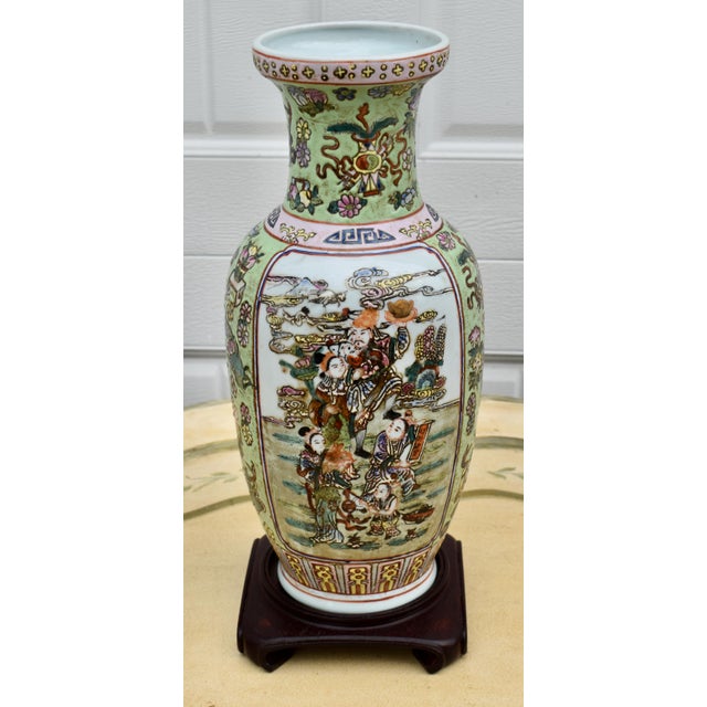Chinese Vtg. Figural Raised Painted Chinese Vase W/Rosewood Stand For Sale - Image 3 of 15