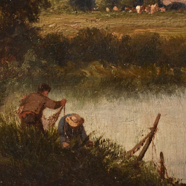 River Landscape with Fishermen, 19th Century, Oil Painting on Canvas, Framed For Sale - Image 4 of 12