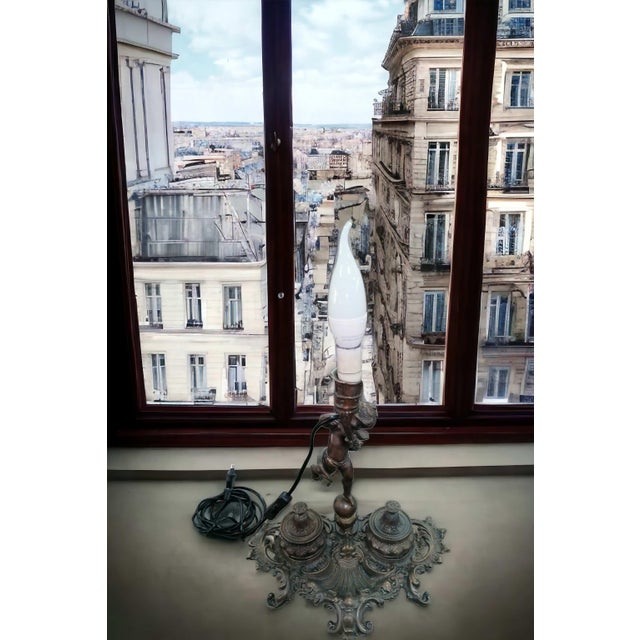 Metal Inkwell Lamp in Chiselled Bronze with Putto For Sale - Image 7 of 9