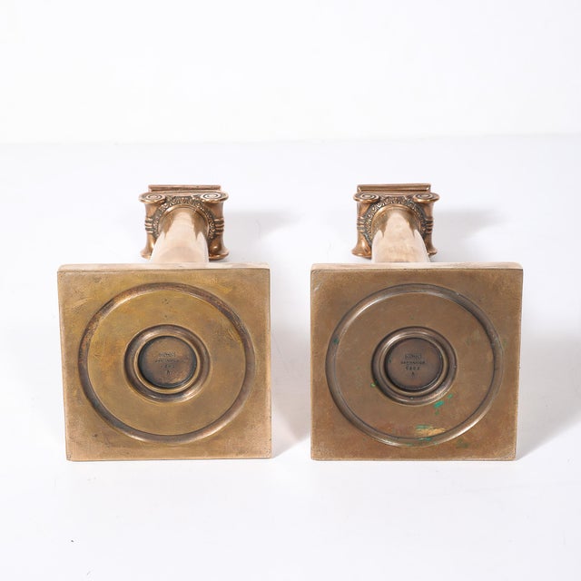Art Deco Solid Bronze Plinth Base Corinthian Style Candleholders Signed Gorham For Sale - Image 13 of 15