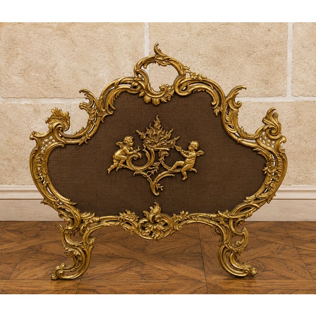 Metal Large Gilt Bronze Fireplace Screen with Putti and Openwork Rocaille Decor For Sale - Image 7 of 7