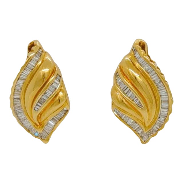 White Diamond Baguette Earrings in 18K Yellow Gold - A Pair For Sale