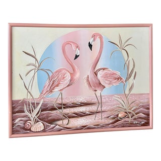 Vintage Coastal Framed Flamingo Painting by Walcutt For Sale