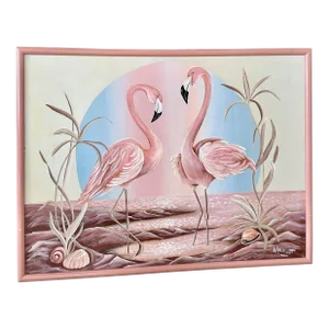 Vintage Coastal Framed Flamingo Painting by Walcutt
