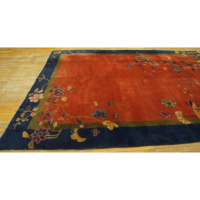 1920s Red Rustic Swan Floral Antique Chinese Art Deco Carpet 9' X 11'10" Knotted Wool Rug For Sale - Image 11 of 12