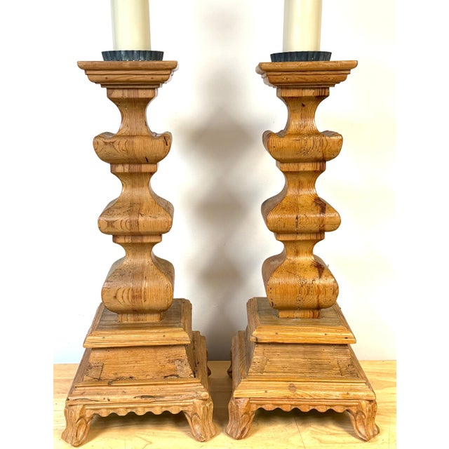 Wood Mid 20th Century Monumental Tuscan Carved Pine Column Table Lamps, Rewired - a Pair For Sale - Image 7 of 14