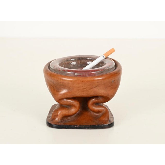 Sculptural Curved Leather and Crystal Ashtray by Jacques Adnet, Italy, 1950s For Sale - Image 9 of 13