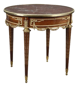 Louis XVI Marquetry and Gilt Bronze Pedestal Table with Marble Top, 1880s