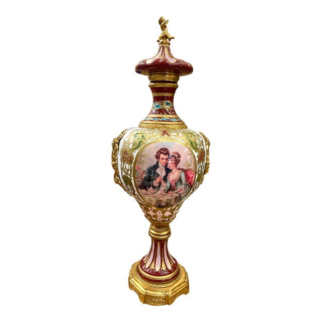 French Porcelain Vase With Romantic Couple Scene & Cherub Finial – Gilt Bronze Mounted Vase For Sale