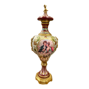 French Porcelain Vase With Romantic Couple Scene & Cherub Finial – Gilt Bronze Mounted Vase