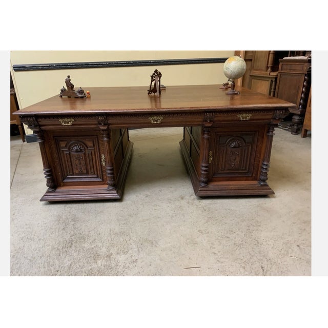 Antique Neo-Renaissance Partner Desk, 1880 For Sale - Image 6 of 12