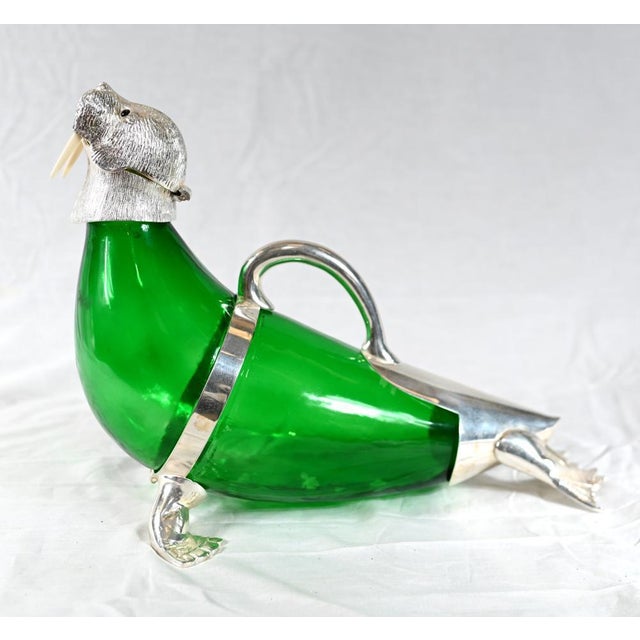 Glass Silver-Plated Green Glass Walrus Decanter Bottle For Sale - Image 7 of 9